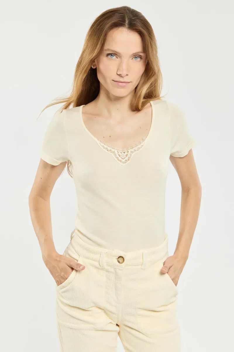 Relaxed T-shirt col dentelle – laine et soie Excellent