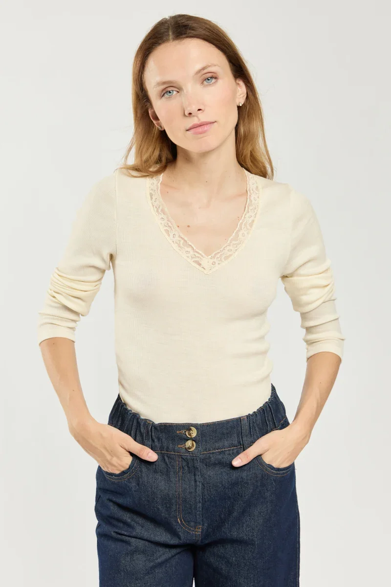 Lightweight T-shirt manches longues – laine et soie Relaxed