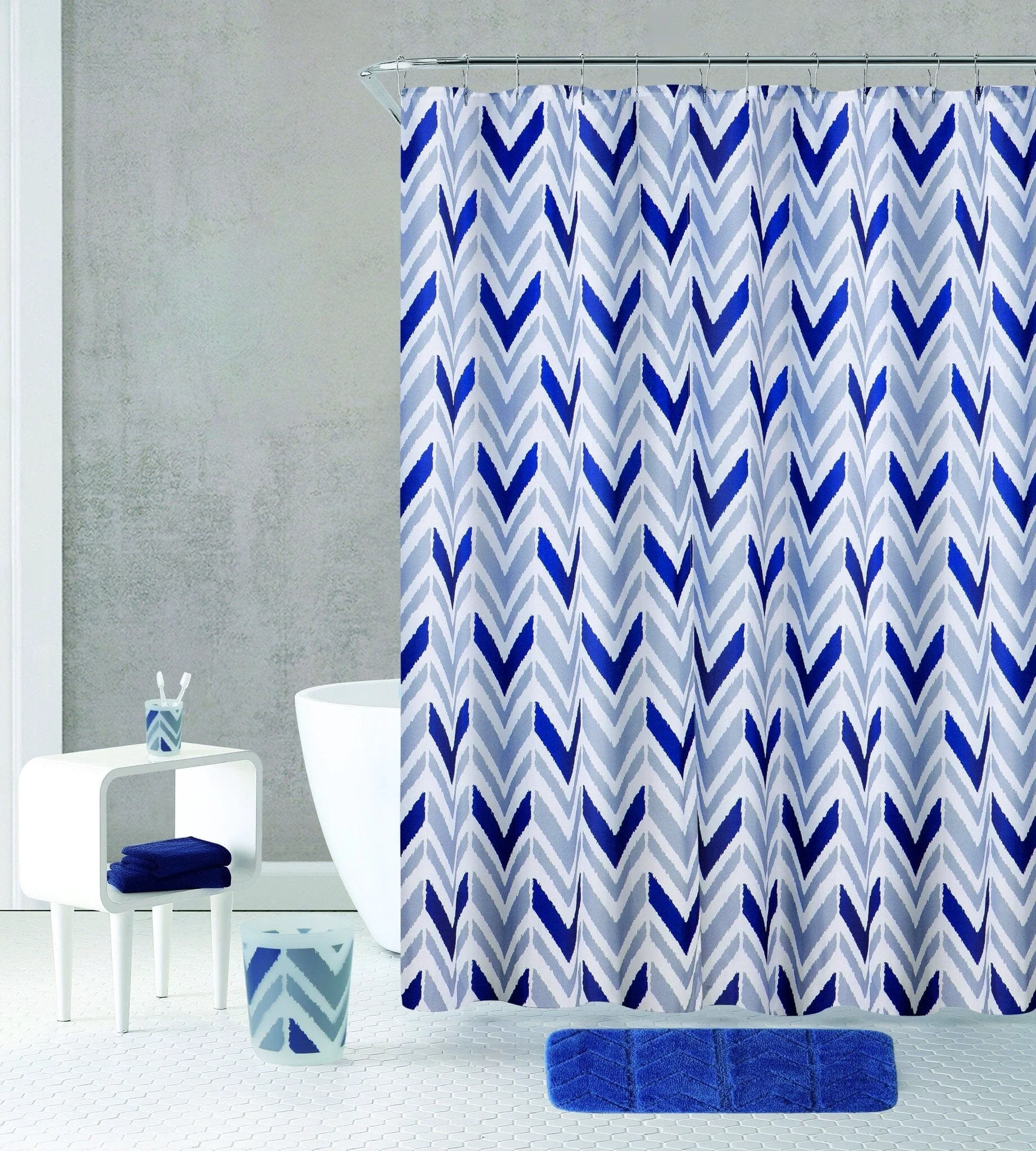 Recyclable Blue Geometric – Bath Curtain and Mat Set with Accessories Exclusive