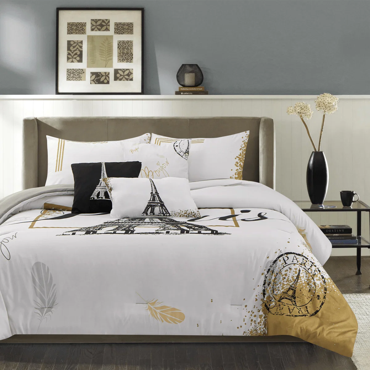 Top-Quality Elise 6pc Comforter Set White black gold Paris Versatile