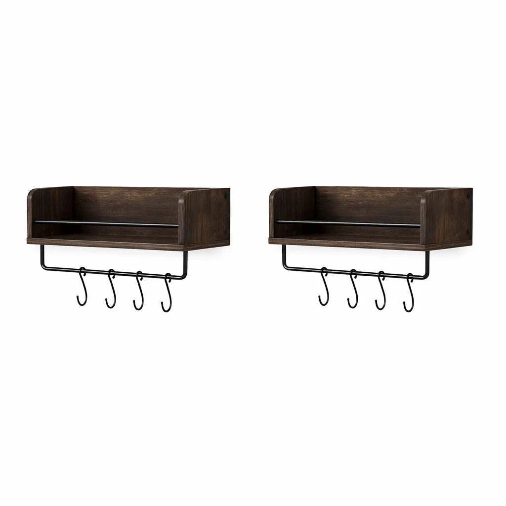 Crafted Wooden Wall Shelf with Hooks – Rustic Storage Organizer Versatile