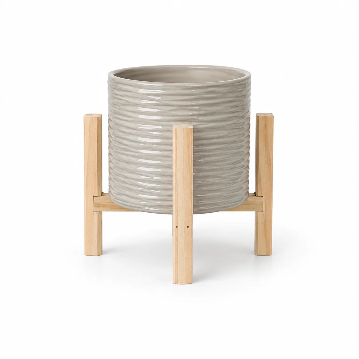 Artisan Cream textured ceramic planter on wooden stand 21 x 20 cm Premium Material