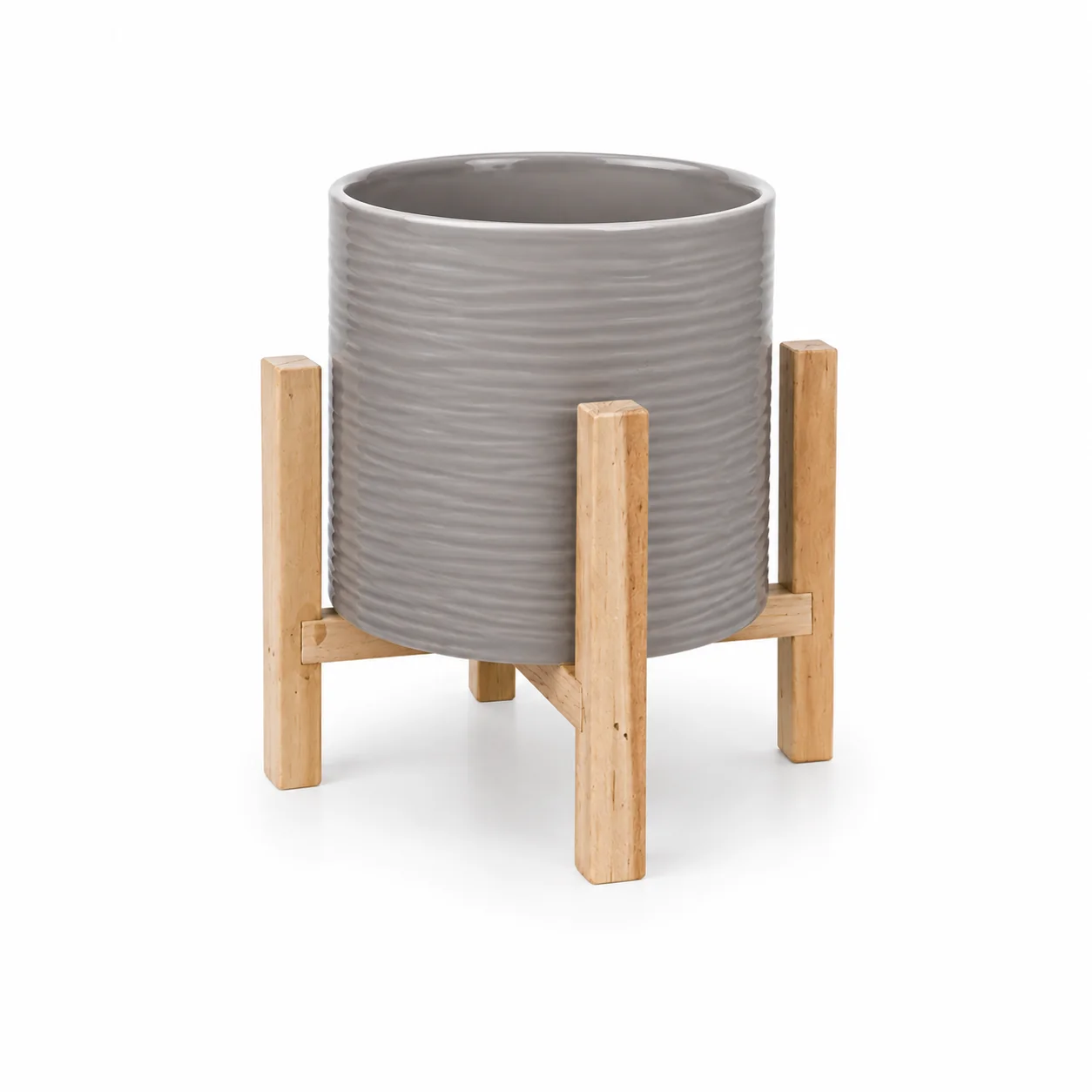 Luxury Grey textured ceramic planter on wooden stand 21 x 20 cm Practical
