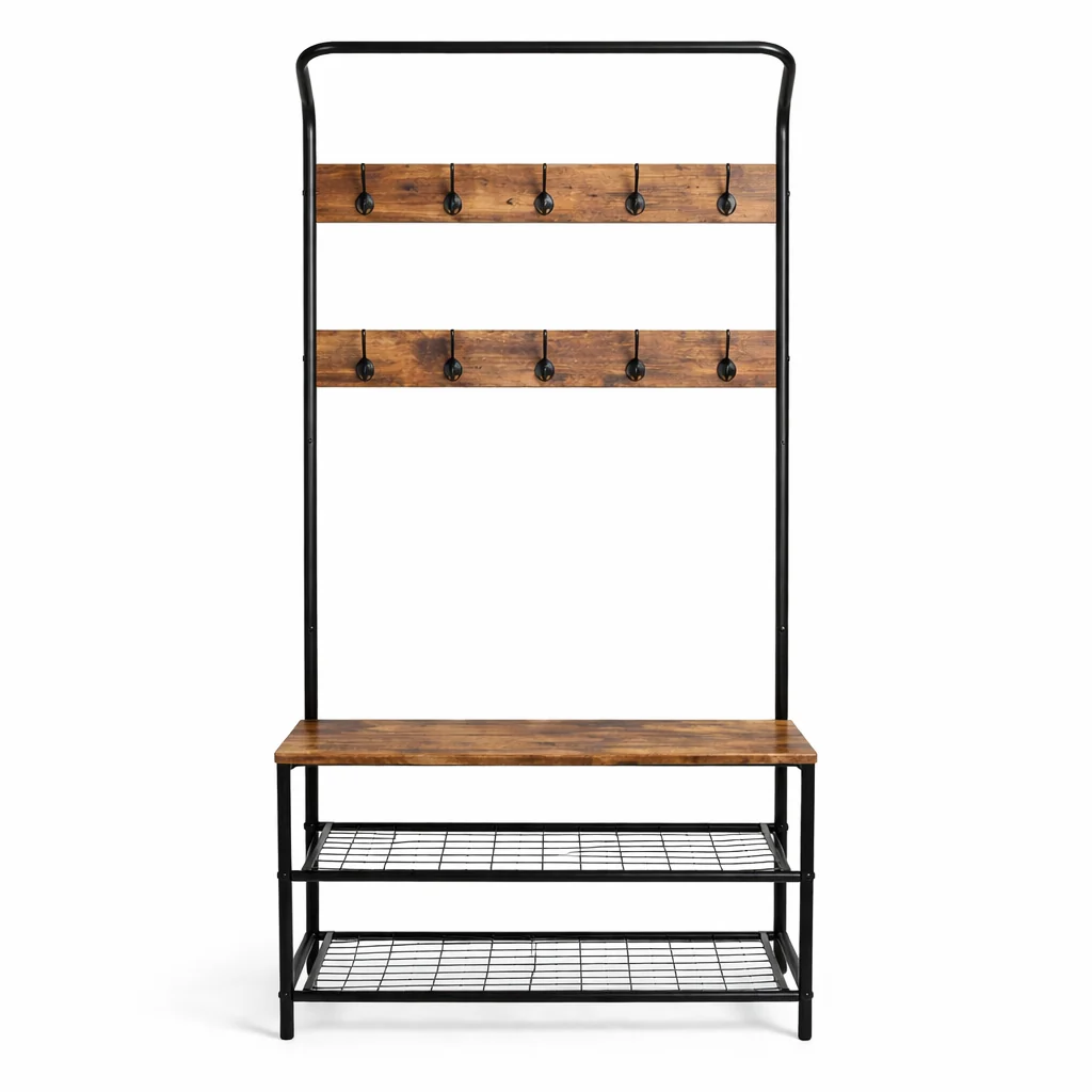 Natural Hall Tree with Bench Hooks – Metal MDF Entryway Organizer Top-Quality