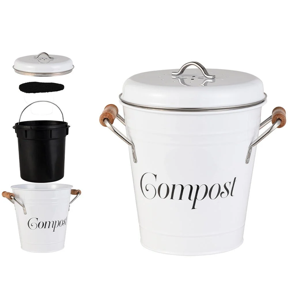 Superior A LA CUISINE – Compost White Metal Bin With Wood Handle Green