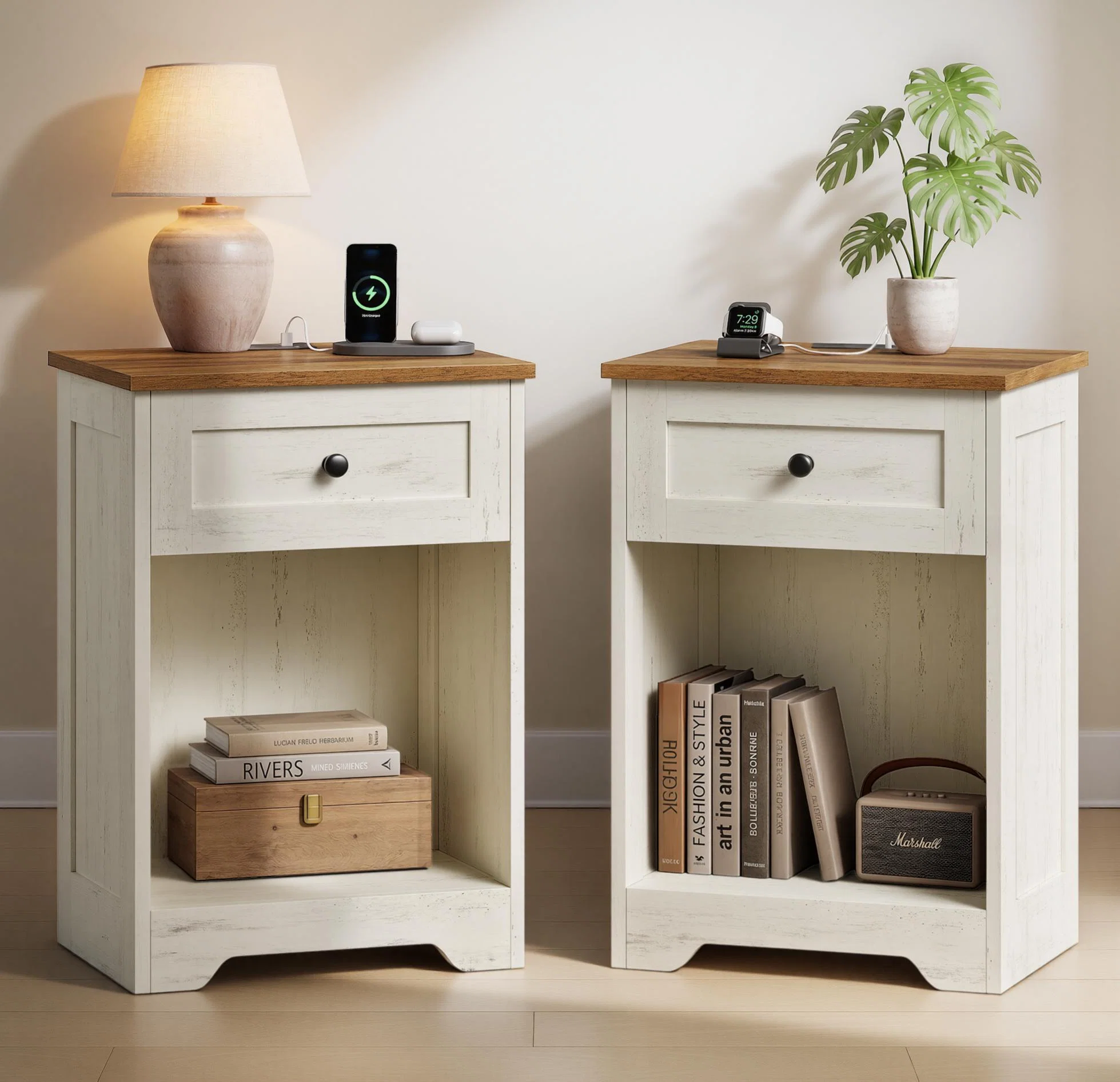 Effective VASAGLE VASAGLE Traditional Basic Nightstand with Charging Station Wood End Table with 1 Drawer and Open Shelf Exclusive