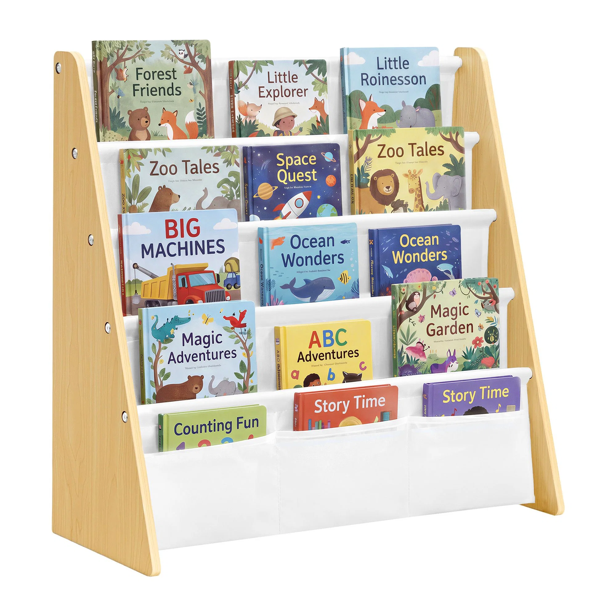 First-Class SONGMICS SONGMICS Kids Bookshelf 4-Tier Sling Bookcase Fabric Organizer for Toddlers Child-Friendly Storage Rack for Playroom Durable