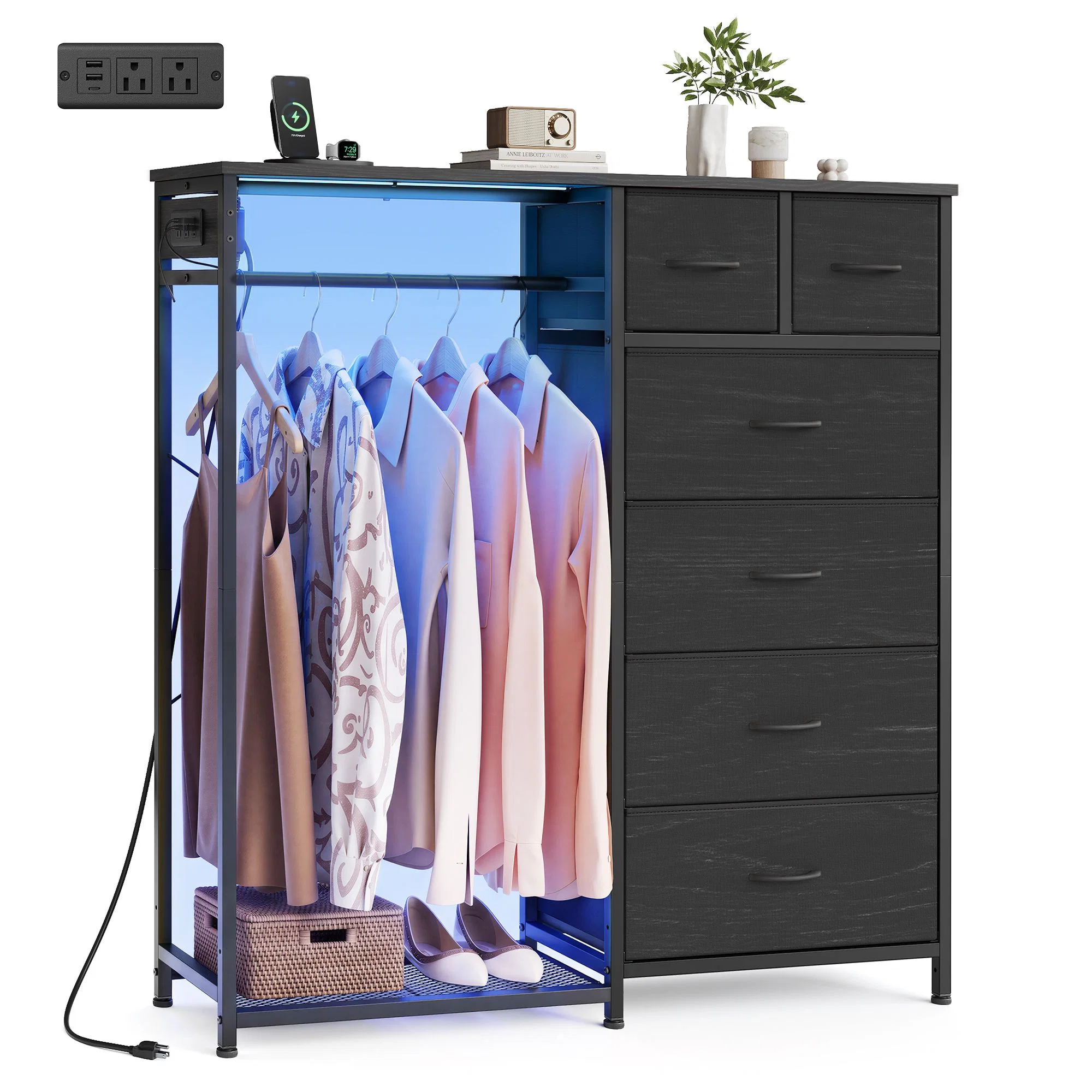 Traditional SONGMICS SONGMICS Bedroom Dresser with LED Lights and Power Outlets 6 Drawers Artisan