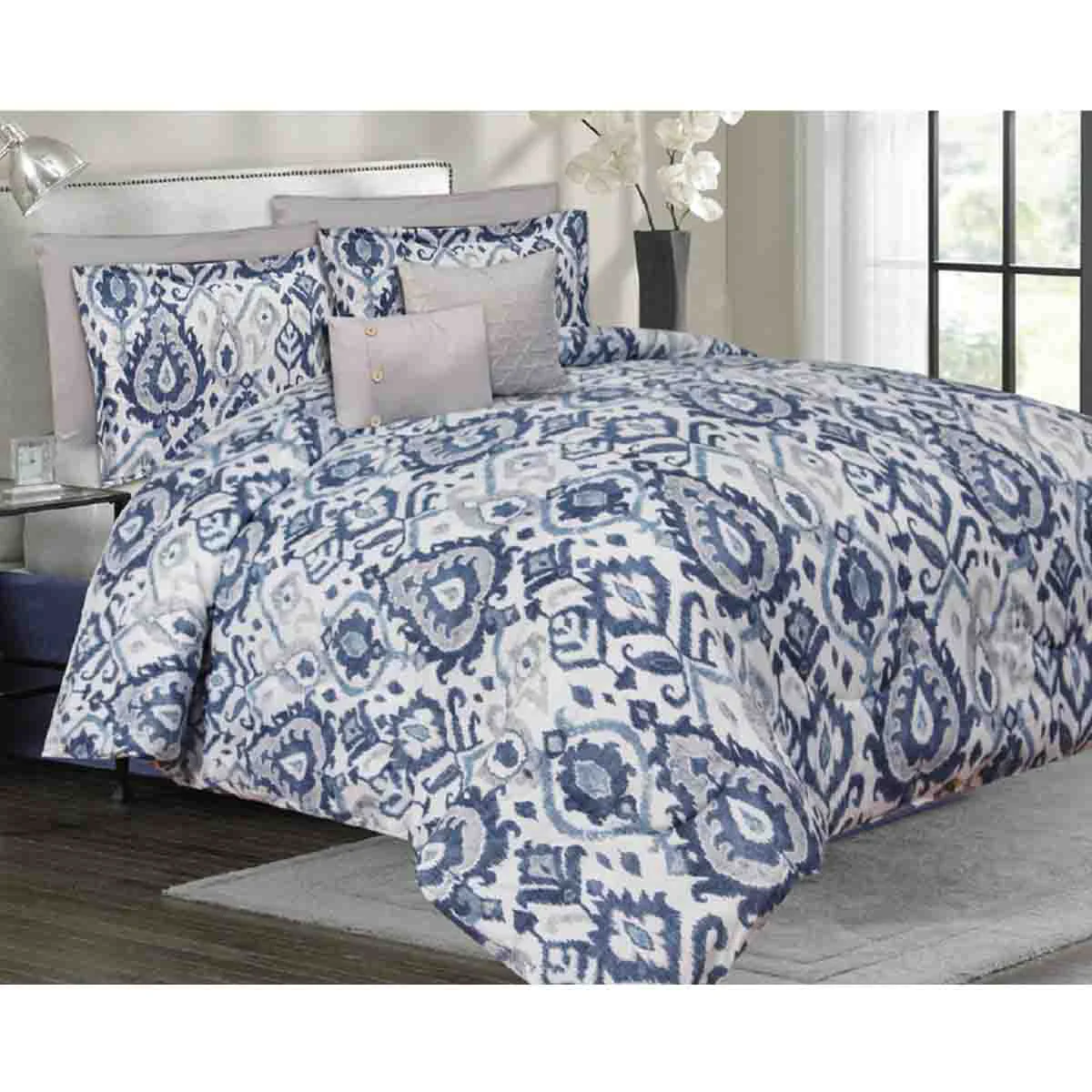 Traditional Blue Arabesque Microfiber Comforter Set Lightweight