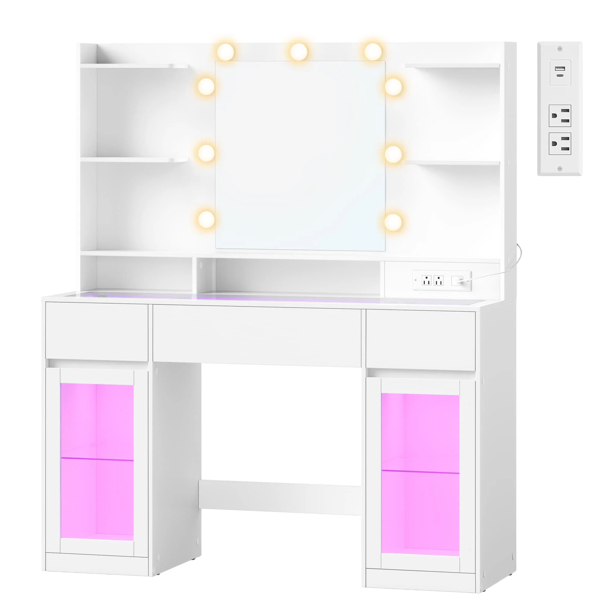 Pure VASAGLE Vanity Desk with LED Lights and Power Outlet Elegant
