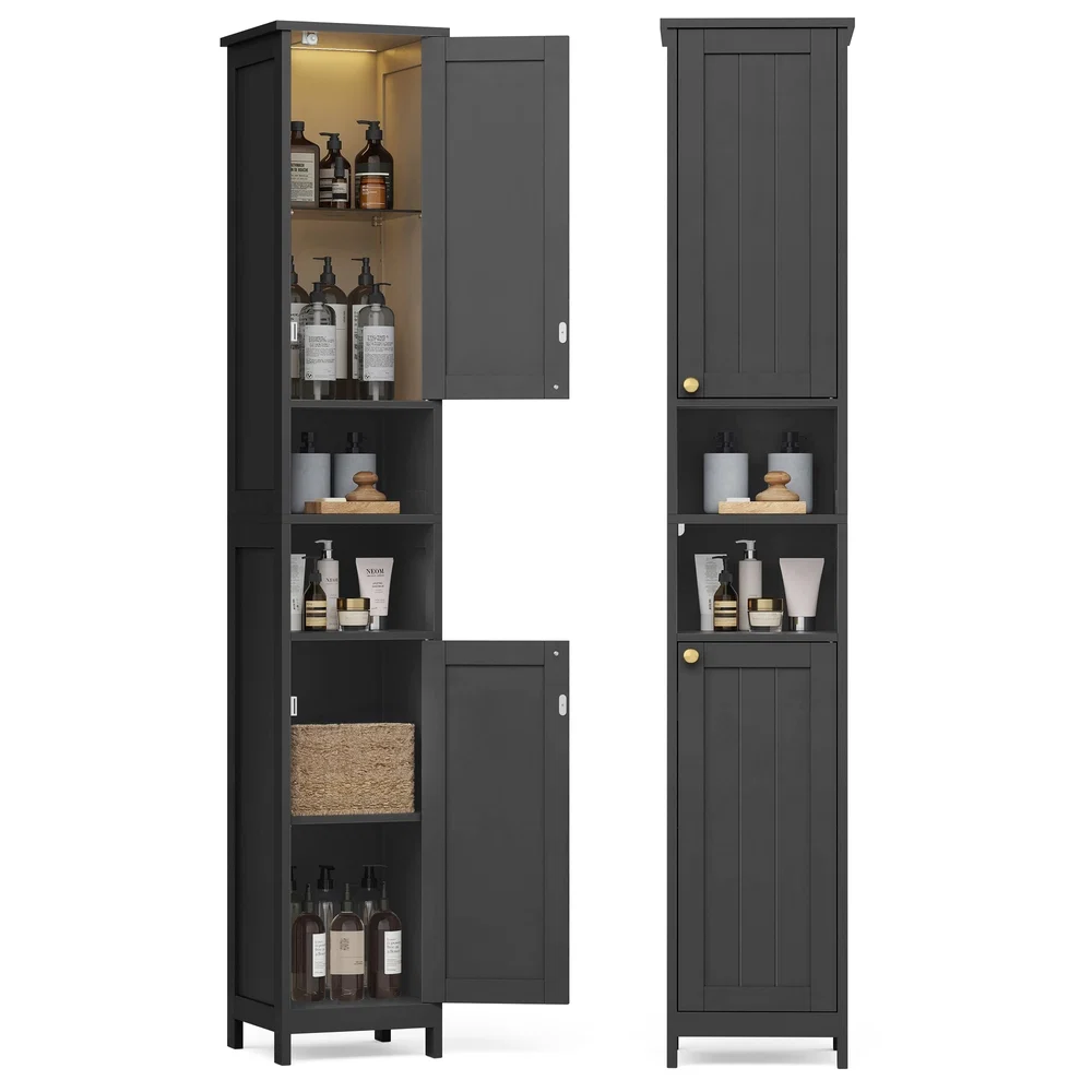 Safe VASAGLE Tall storage cabinet with lights adjustable shelves for small spaces Contemporary