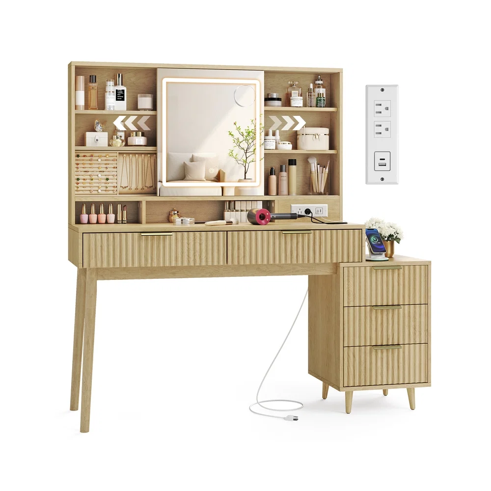 Minimalist VASAGLE MAXE Collection – Vanity Desk with Sliding Mirror and Lights Environmentally Friendly