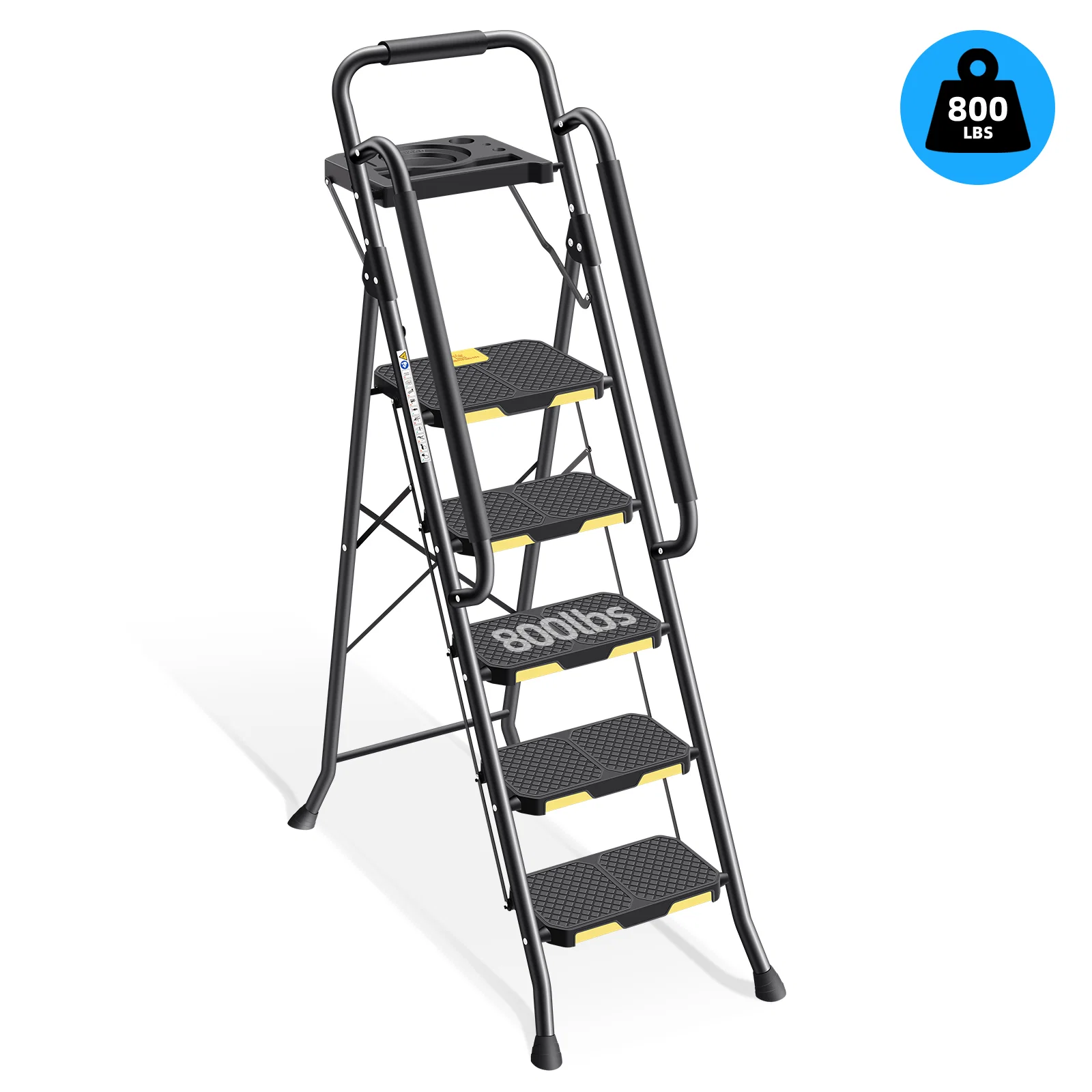 Sustainable KK KINGRACK 5 Step Stool Folding Ladder with Tool Platform u0026Handrails 800 lbs Capacity Black TZ2223-5D Verified