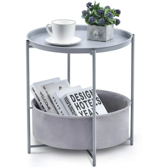 Premium Material KK KINGRACK Side Table Metal End Table Coffee Table Tray Sofa Side Snack Table with Detachable Tray Top and Fabric Storage Basket WK131033-LKGY Functional