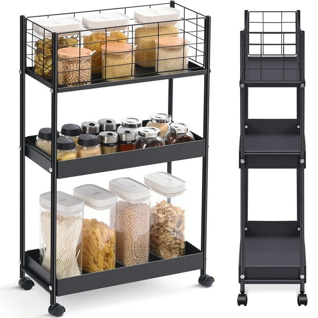 Organic KINGRACK 3-Tier Metal Utility Rolling Cart with Wheels Garage Storage Slim Storage Cart for Office Kitchen Bathroom Narrow Place File Black RY810076-B Outstanding