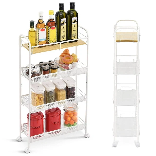 Carefully Designed Kingrack 4 Tier School Rolling Cart Mesh Storage Utility Carts with Wooden Tabletop for Kitchen Bathroom White，WK830492 Durable