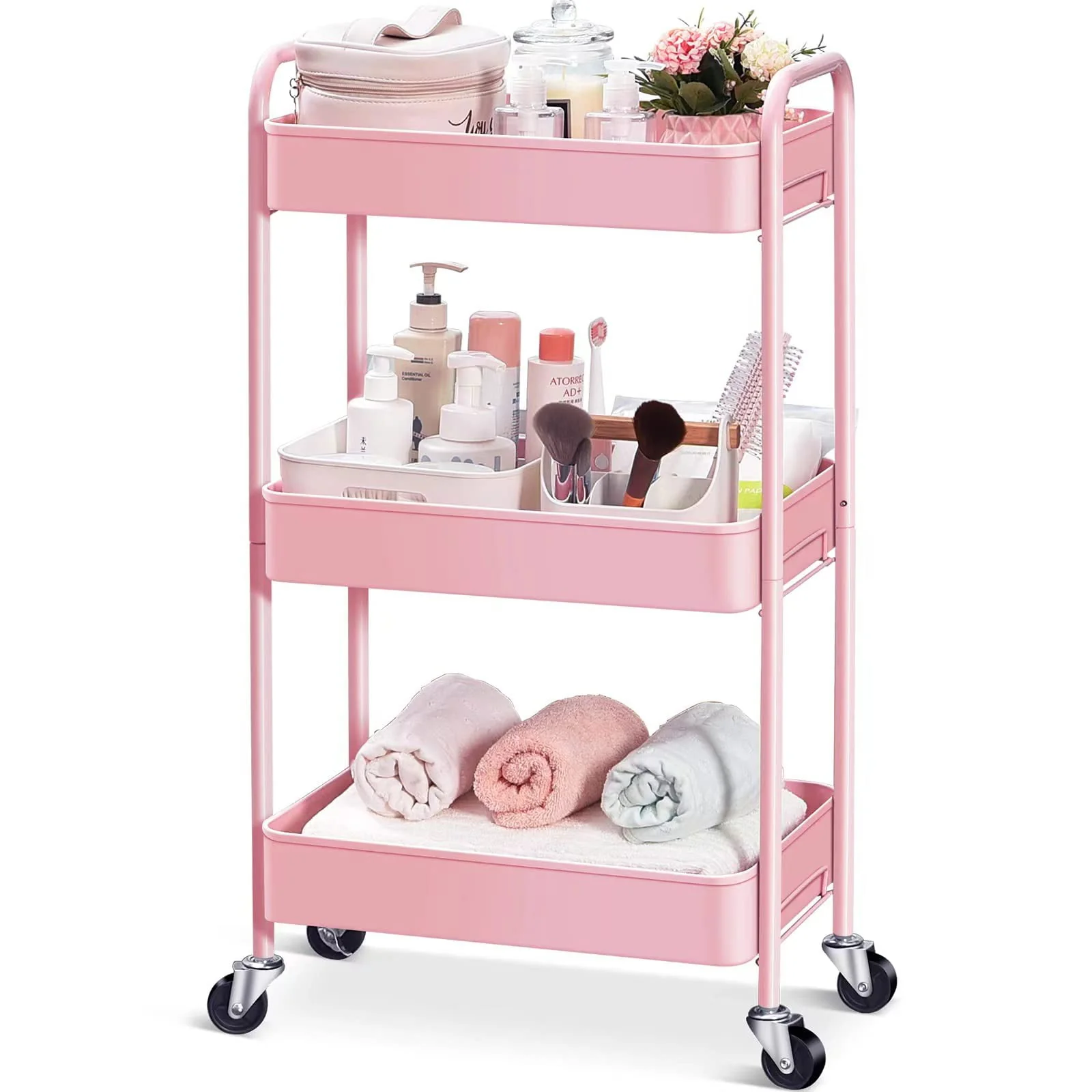 Functional KINGRACK 3-Tier Rolling Cart Metal Utility Cart with Lockable Wheels for Office Bathroom Kitchen Kid 39 s Room Classroom Pink WK131218-P Long-Lasting