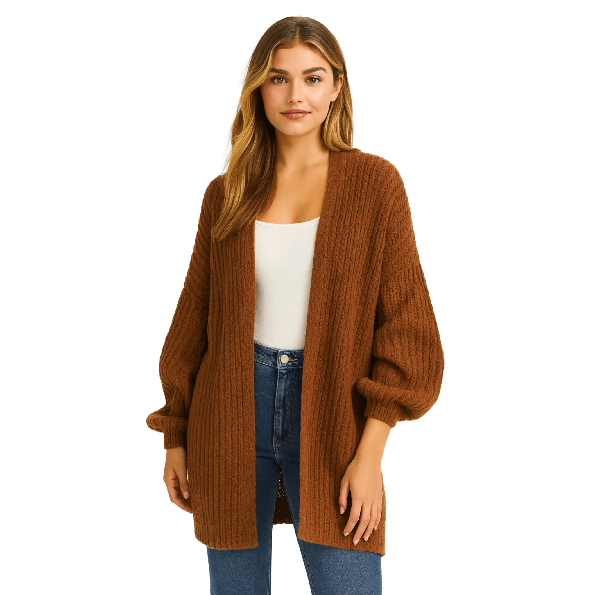 Solid Rust Textured Knit Open-Front Cardigan Original Design