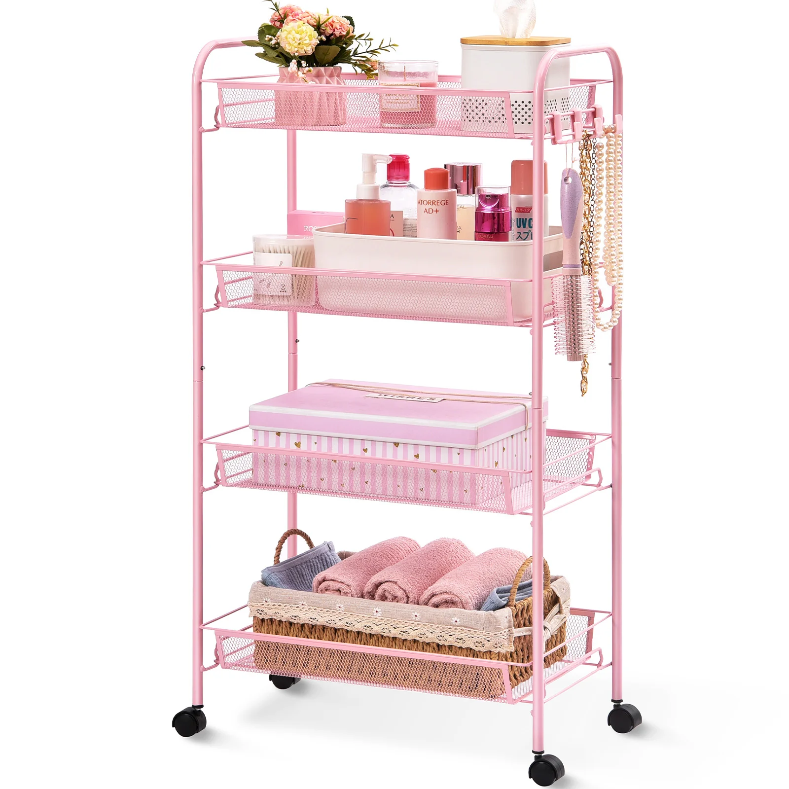 Green Kingrack 4-Tier Mesh Wire Rolling Cart Metal Storage Cart with Wheels Utility Cart for Office Kitchen Bedroom Bathroom Laundry Room WK150038-PK Premium Material
