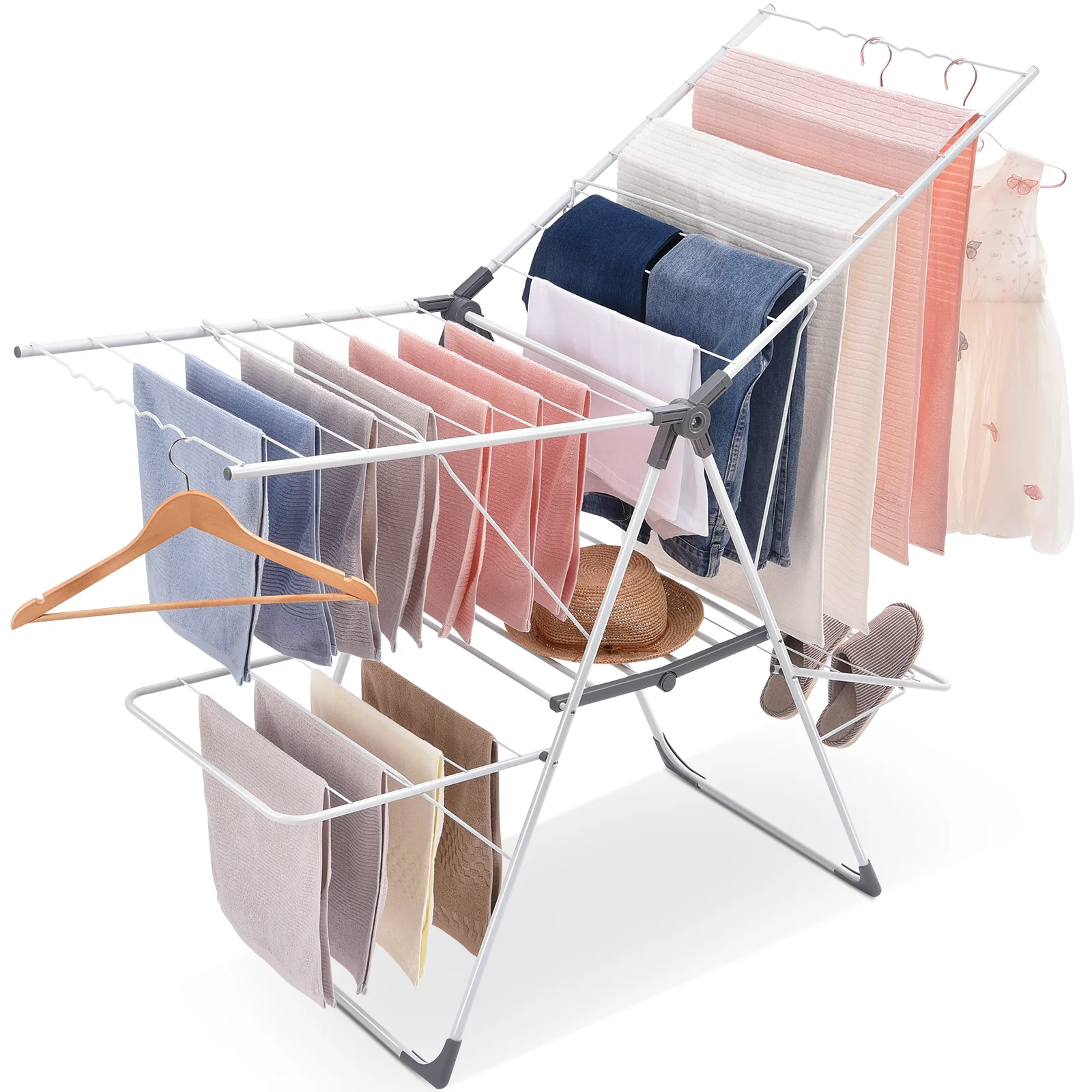 Enhanced Kingrack Clothes Drying Rack 2-Tier Folding Drying Rack for Indoor Outdoor Use Foldable Large Drying Hanger Height-Adjustable Gullwing 32 Drying Rails Shoes Holds standing Laundry Rack 149801 Carefully Designed