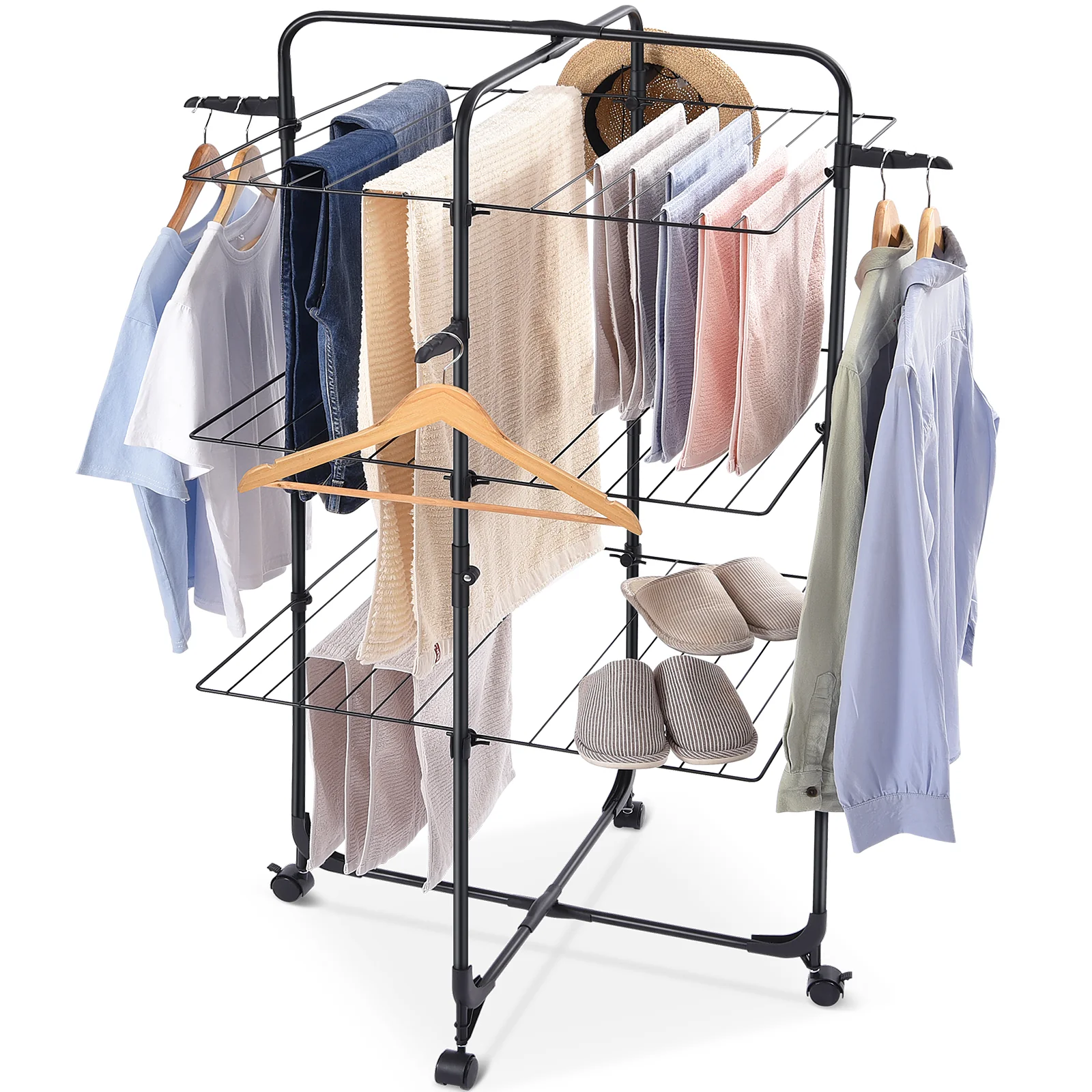 Verified KINGRACK Clothes Drying Rack 3-Tier Collapsible Laundry Rack Stand Garment Drying Station with Wheels and 4 Hooks Indoor-Outdoor Use for for Bed Linen Clothing Socks Scarves Black 116201H-B Professional