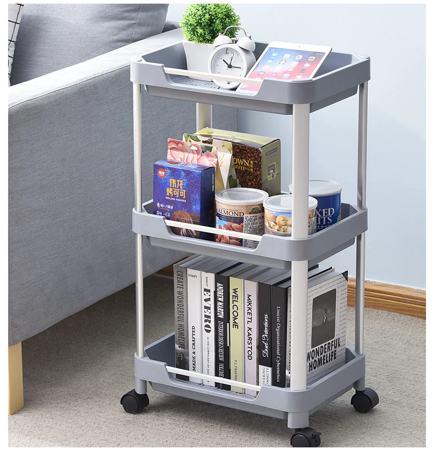 Smart KINGRACK 3 Tier Utility Rolling Cart Craft Art Cart Trolley Organizer Serving Cart Storage Organizer Shelves for Bathroom Kitchen Laundry Room Office Grey WK830603 Verified