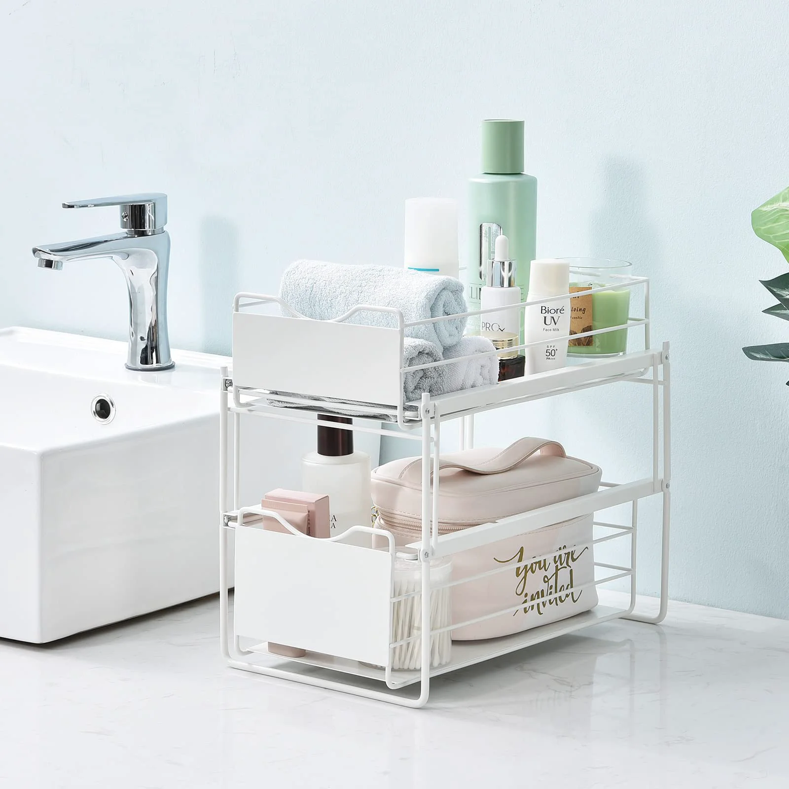 Lightweight KINGRACK Stackable 2-Tier Cabinets Organizer With Sliding Storage Drawer Under Sink Organizer Pull Out Cabinets Home Organizer Shelf Sliding Storage Basket Organizer White WK810351 -W High-Performance