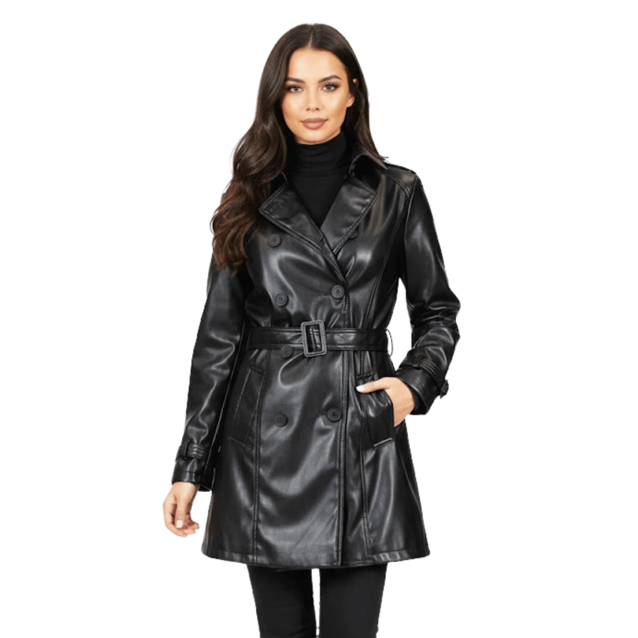 Powerful Black Faux-Leather Belted Trench Coat Enhanced