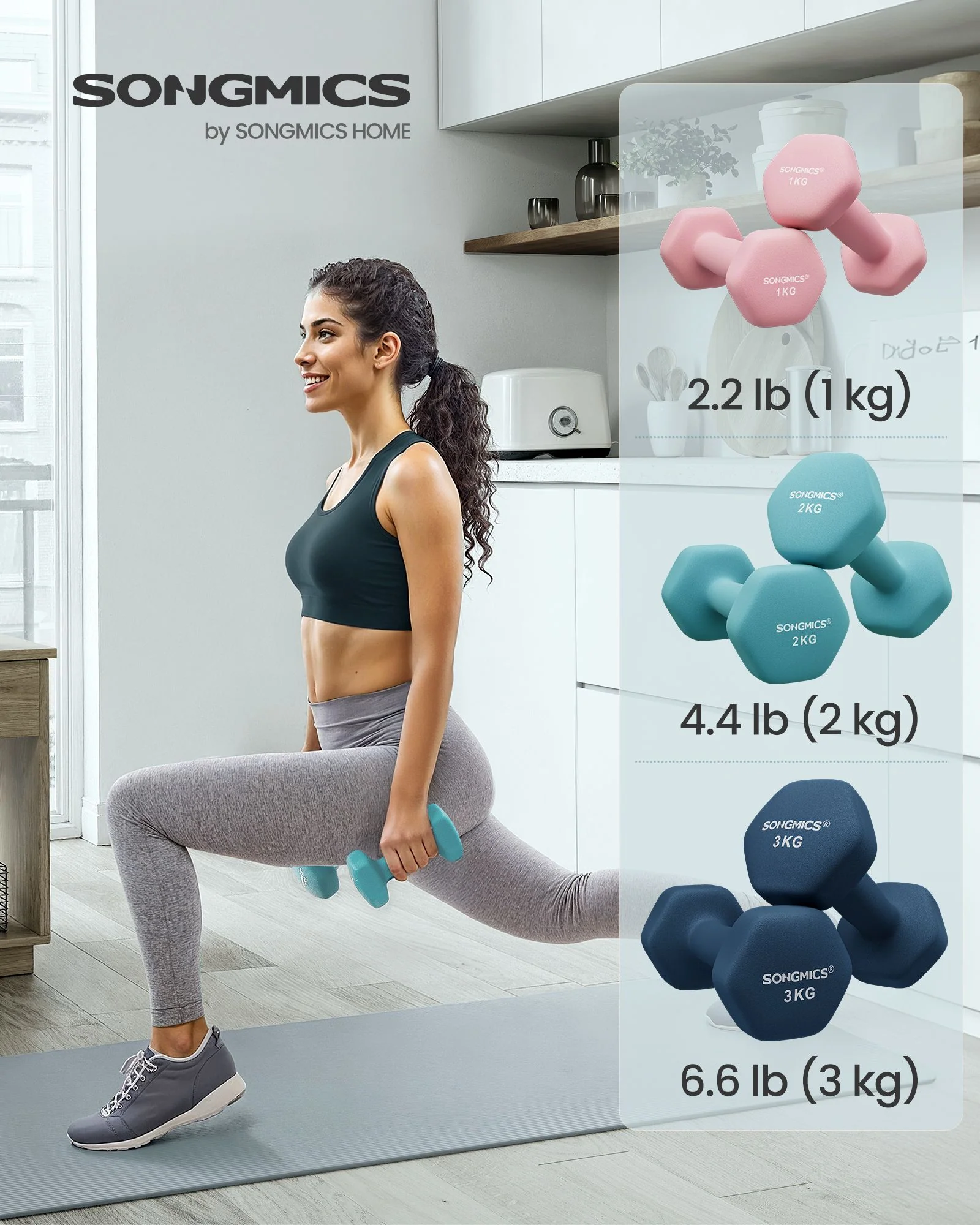 Flexible SONGMICS SONGMICS Hex Dumbbells Set with Stand – 2 x 1 kg 2 x 2 kg 2 x 3 kg Neoprene Matte Finish Hand Weights for Home Exercise Pink Aqua and Blue Classic