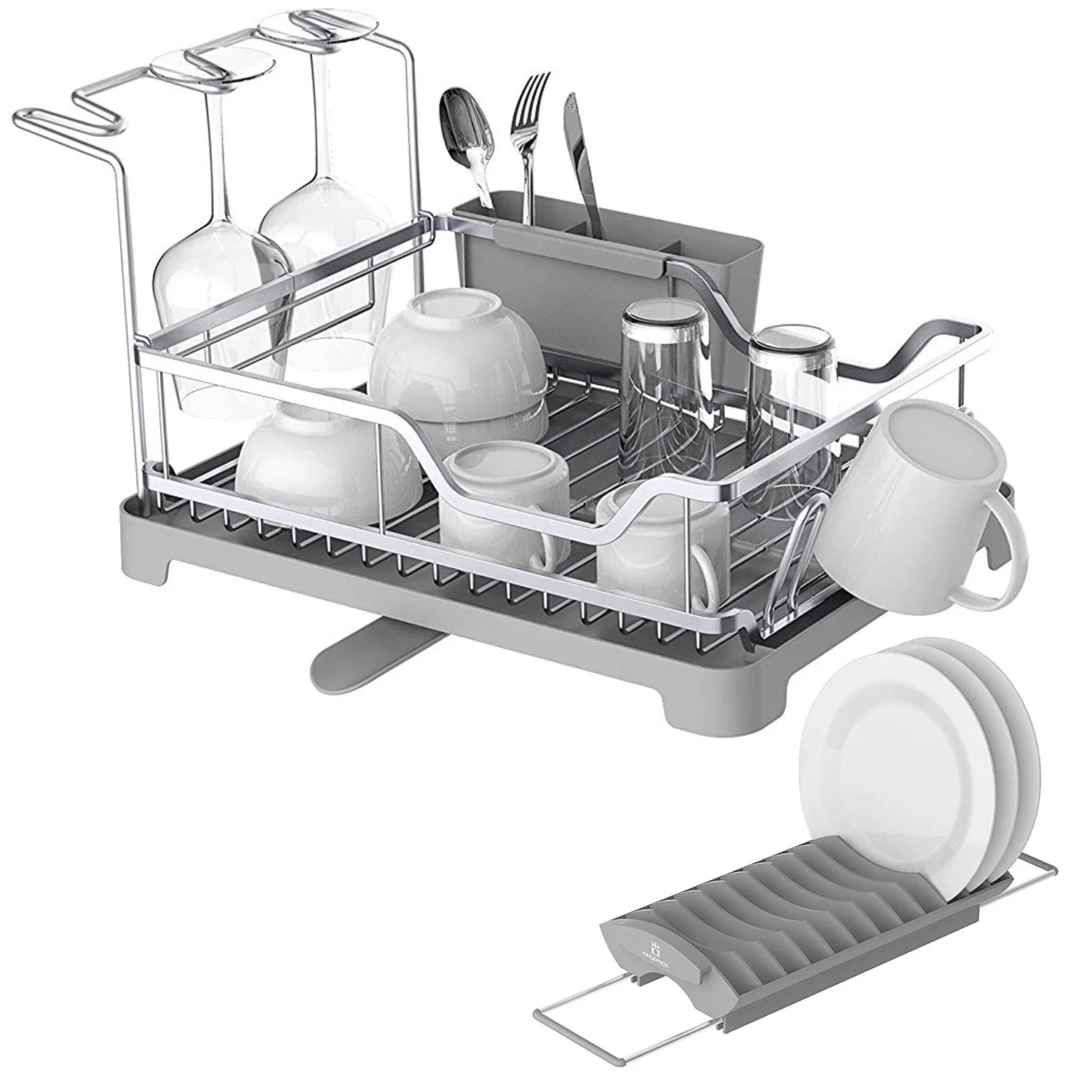 Comfortable Aluminum Dish Drying Rack with Over Sink Dish Rack Unique 360° Swivel Spout Drain Board Design WK121887 Responsible
