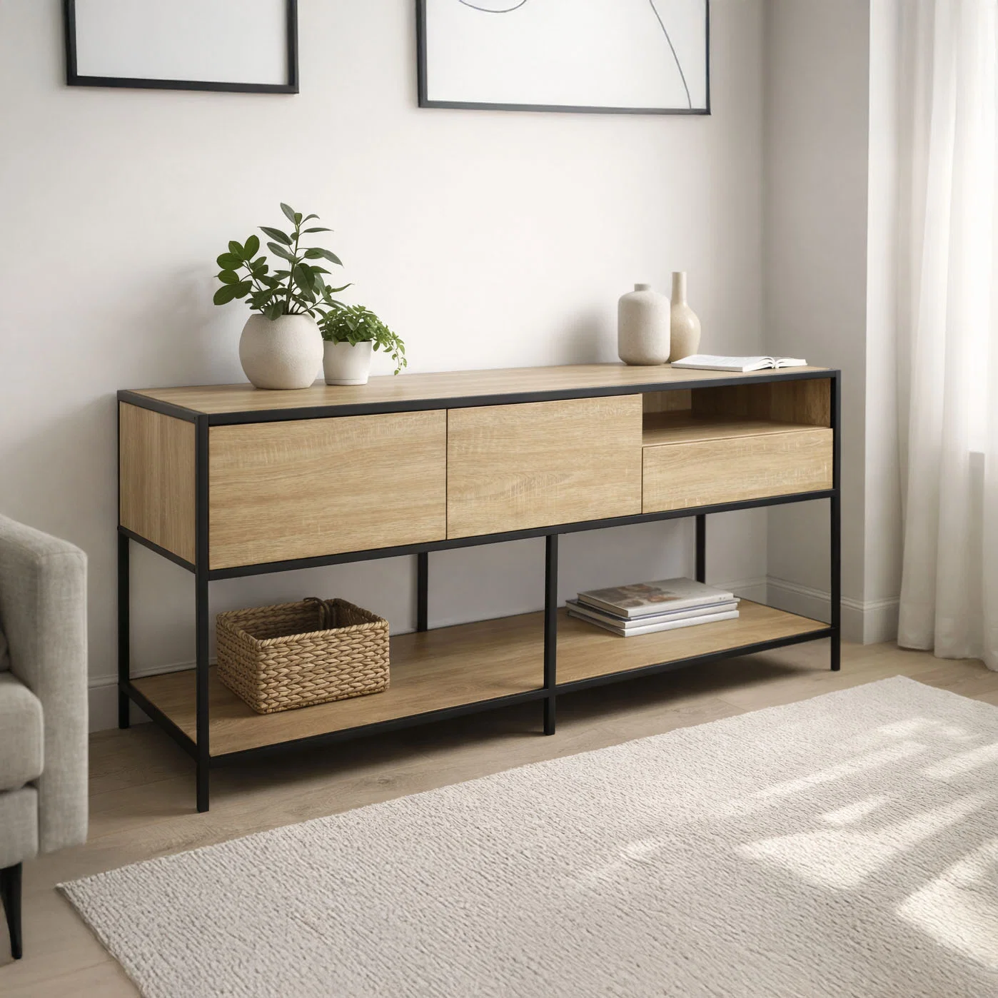 Organic Light Wood Cabinet with Metal Frame High-Quality