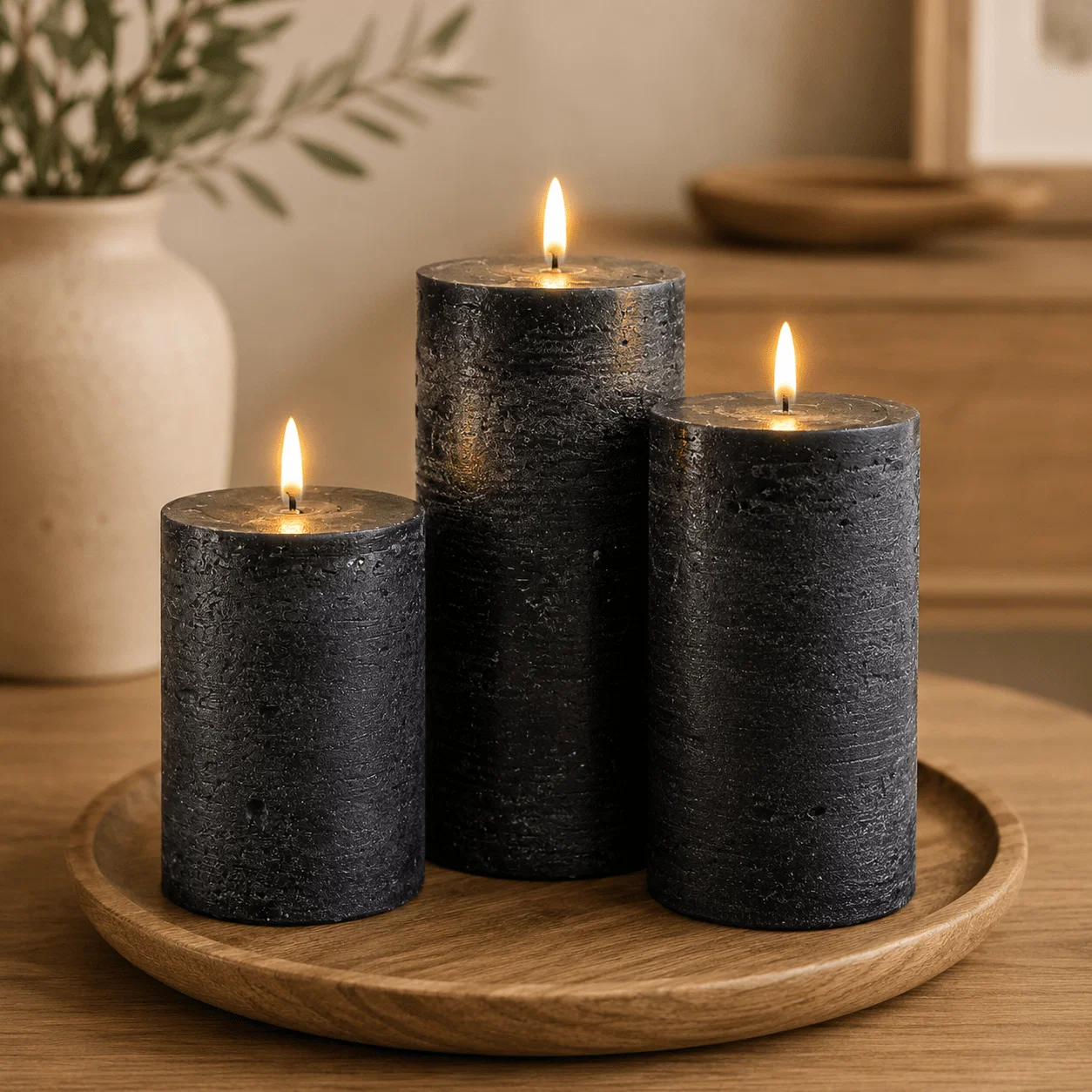 Solid Set of 3 Textured LED Pillar Candles – Black High-Quality