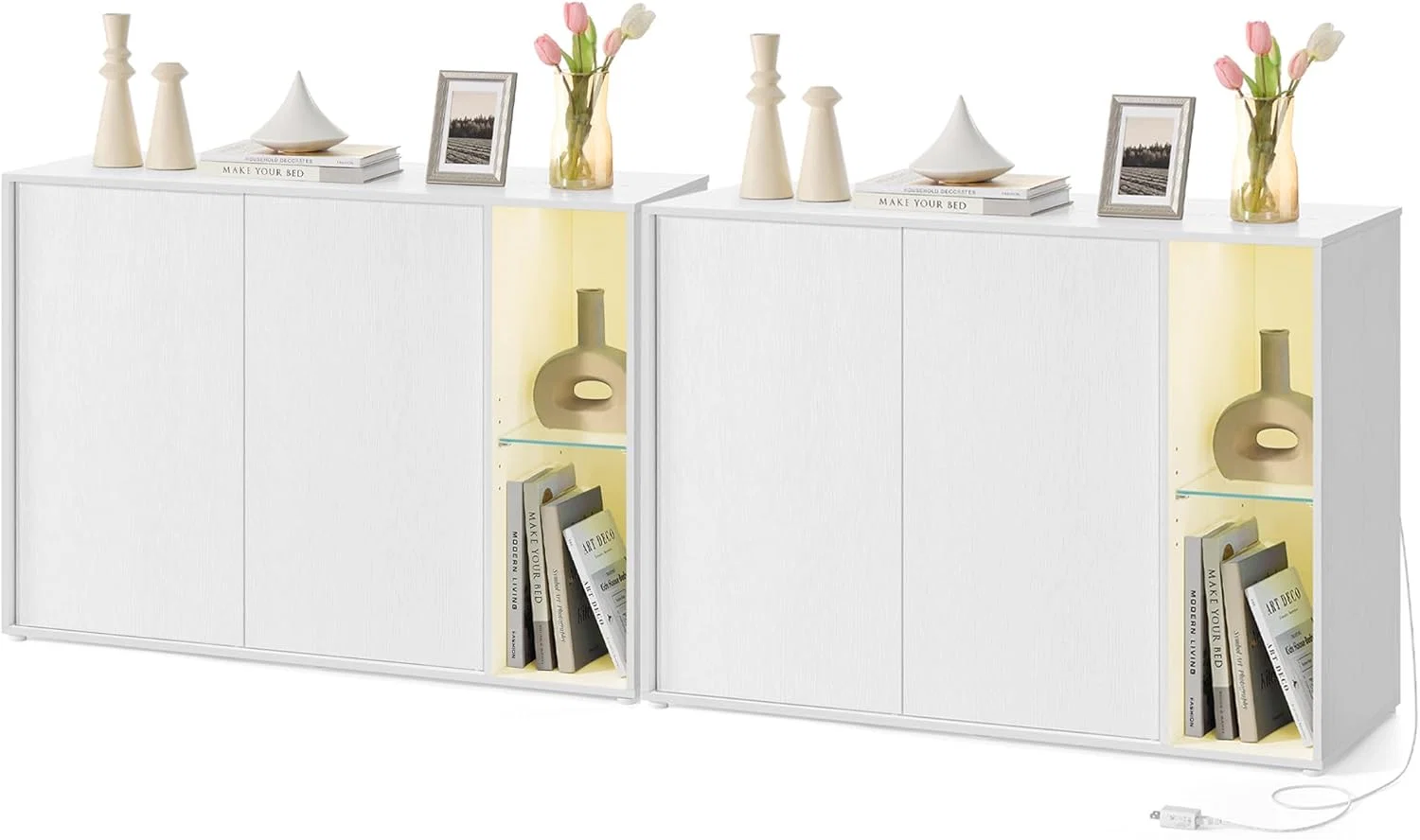 High-End SONGMICS HOME SONGMICS HOME Storage Cabinets Superfast Toolless Assembly Accent Buffet Cabinet with Lighting and Glass Shelf Set of 2 Sideboards for Living Room Snow White Consistent