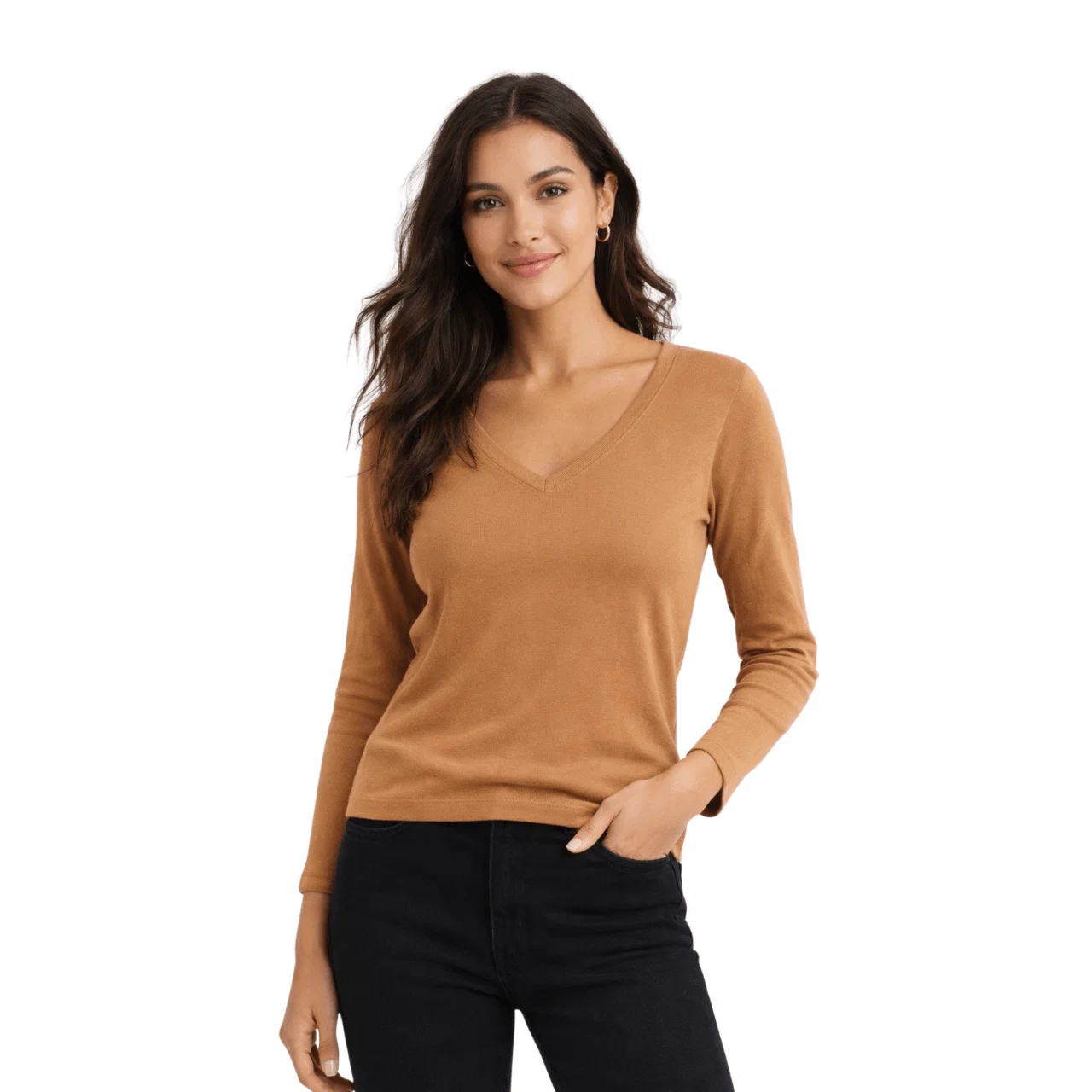 Modern Ribbed V-Neck Long Sleeve Top Quality