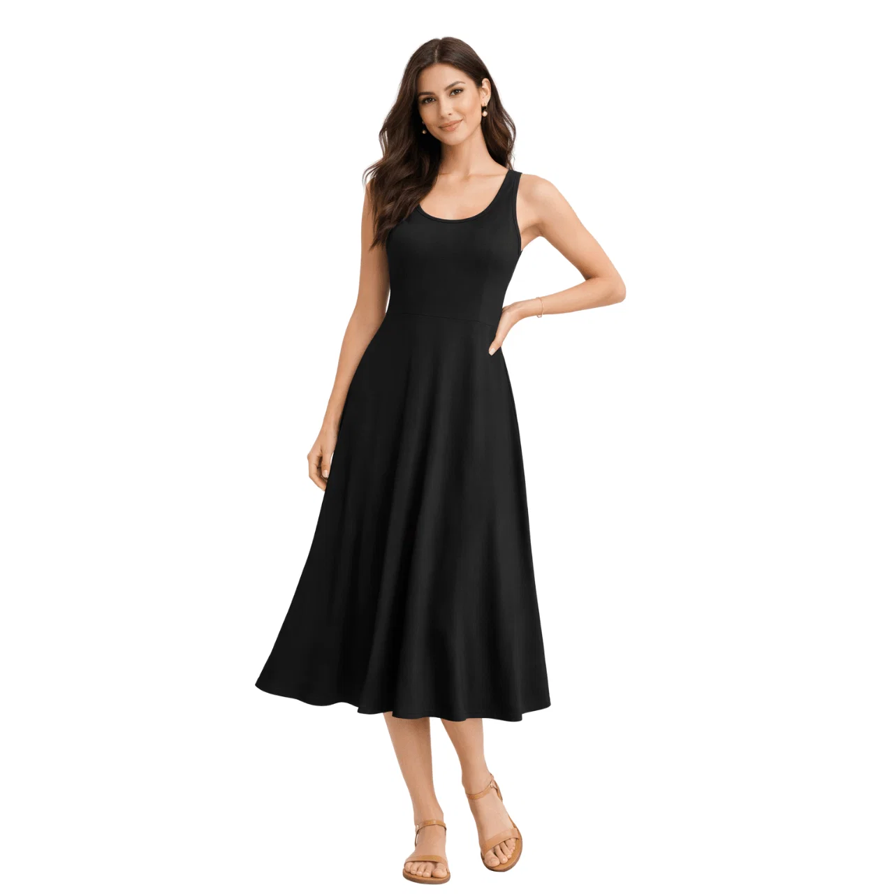Authentic Sleeveless Fit Flare Midi Dress Solid