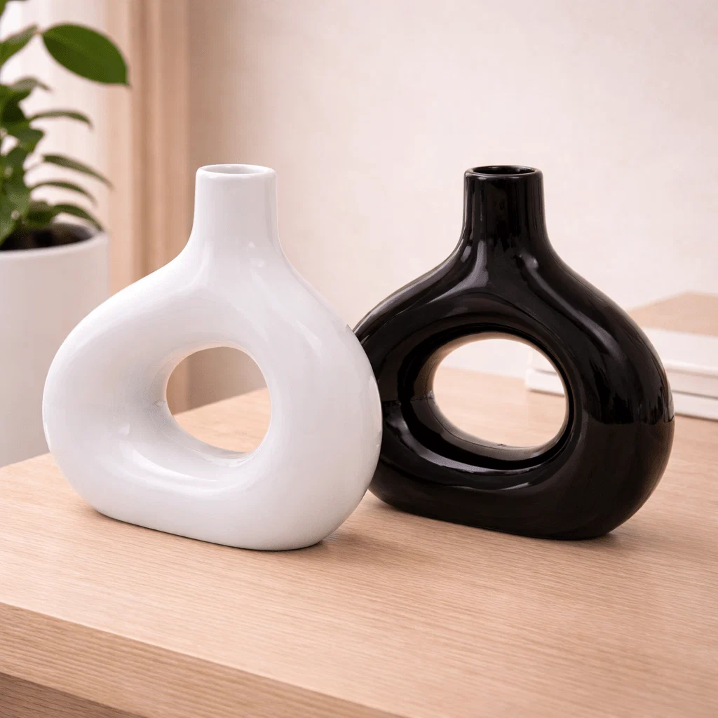 First-Class Ceramic Torus Vase Set – 8 in White Black Reusable