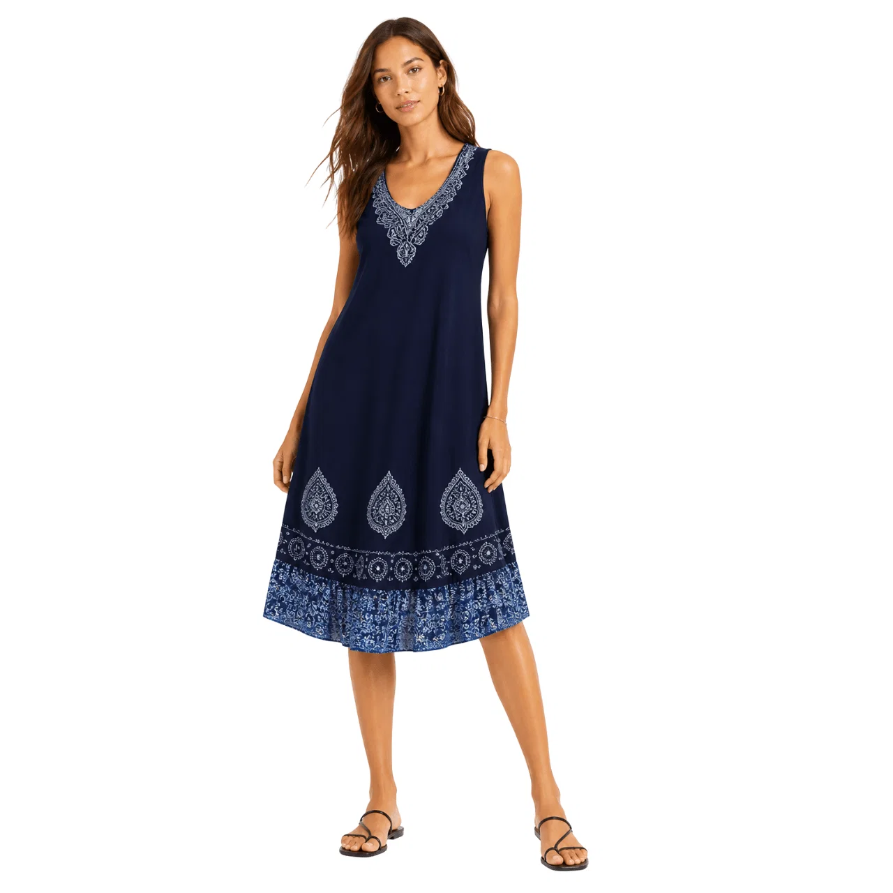 Premium Material Embroidered V-Neck Sleeveless Midi Dress Fashionable