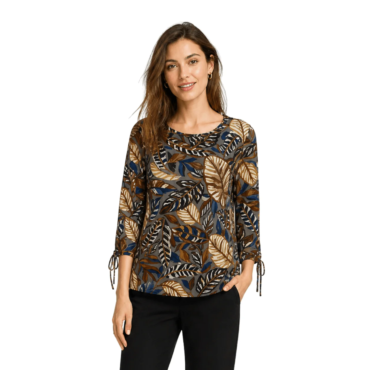 Functional Printed Tie-Sleeve Knit Top Dependable