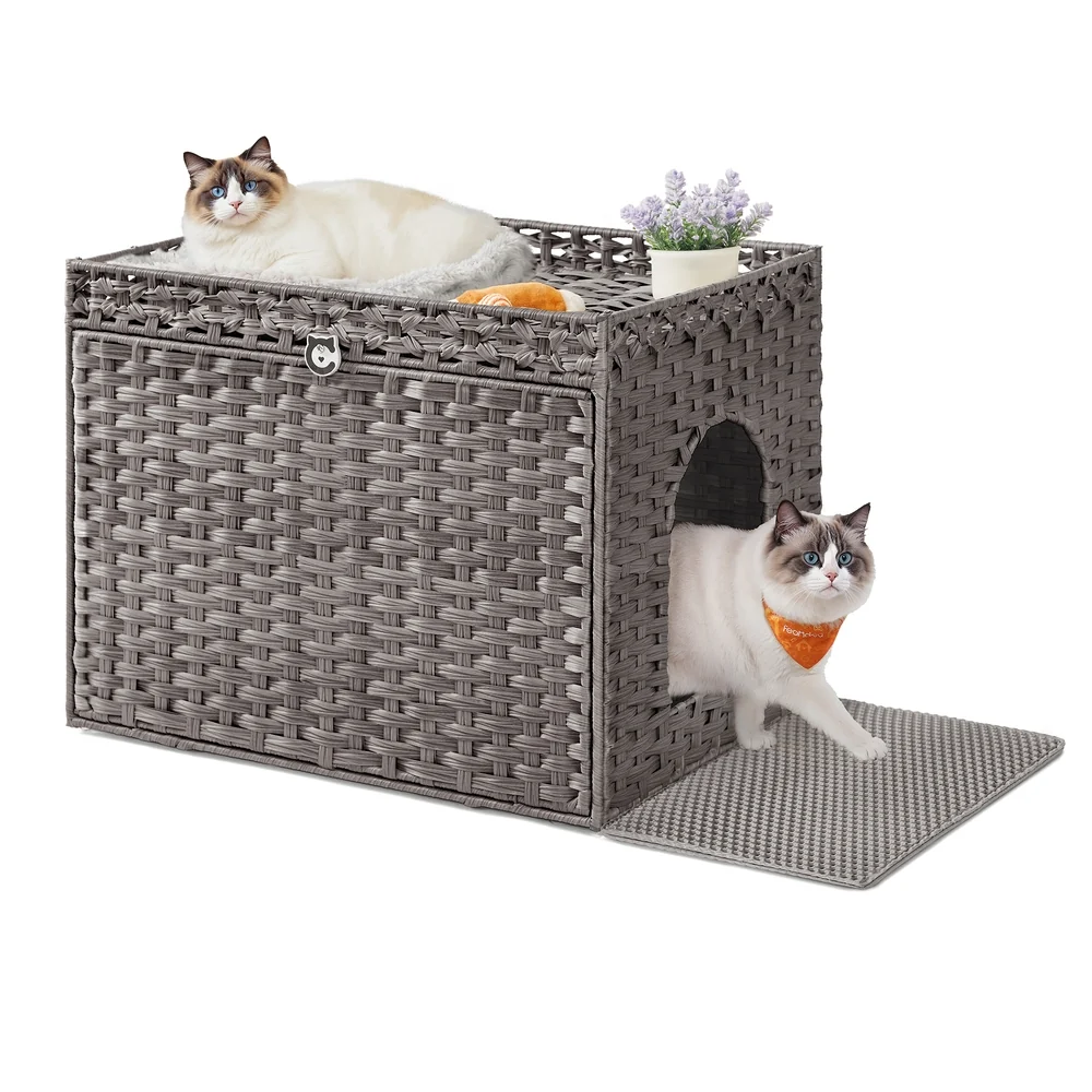 Certified Feandrea Cat Litter Box Enclosure Handwoven Rattan Hidden Litter Box Furniture Reusable
