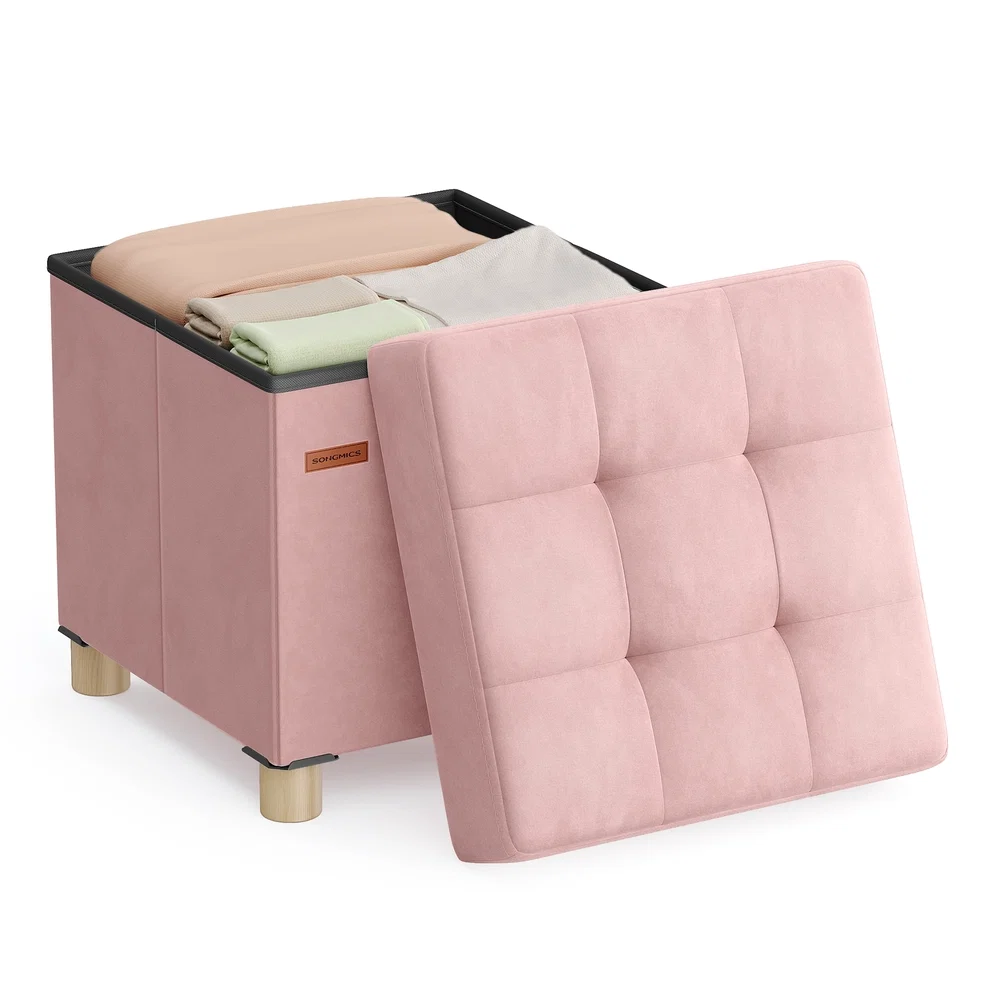 Easy-to-Use SONGMICS SONGMICS Small Storage Ottoman Folding Ottoman Cube 15 x 15 x 15.7 Inches Footstool Footrest 9.8 Gal. 37 L Velvet Surface for Bedroom Living Room Dorm Green