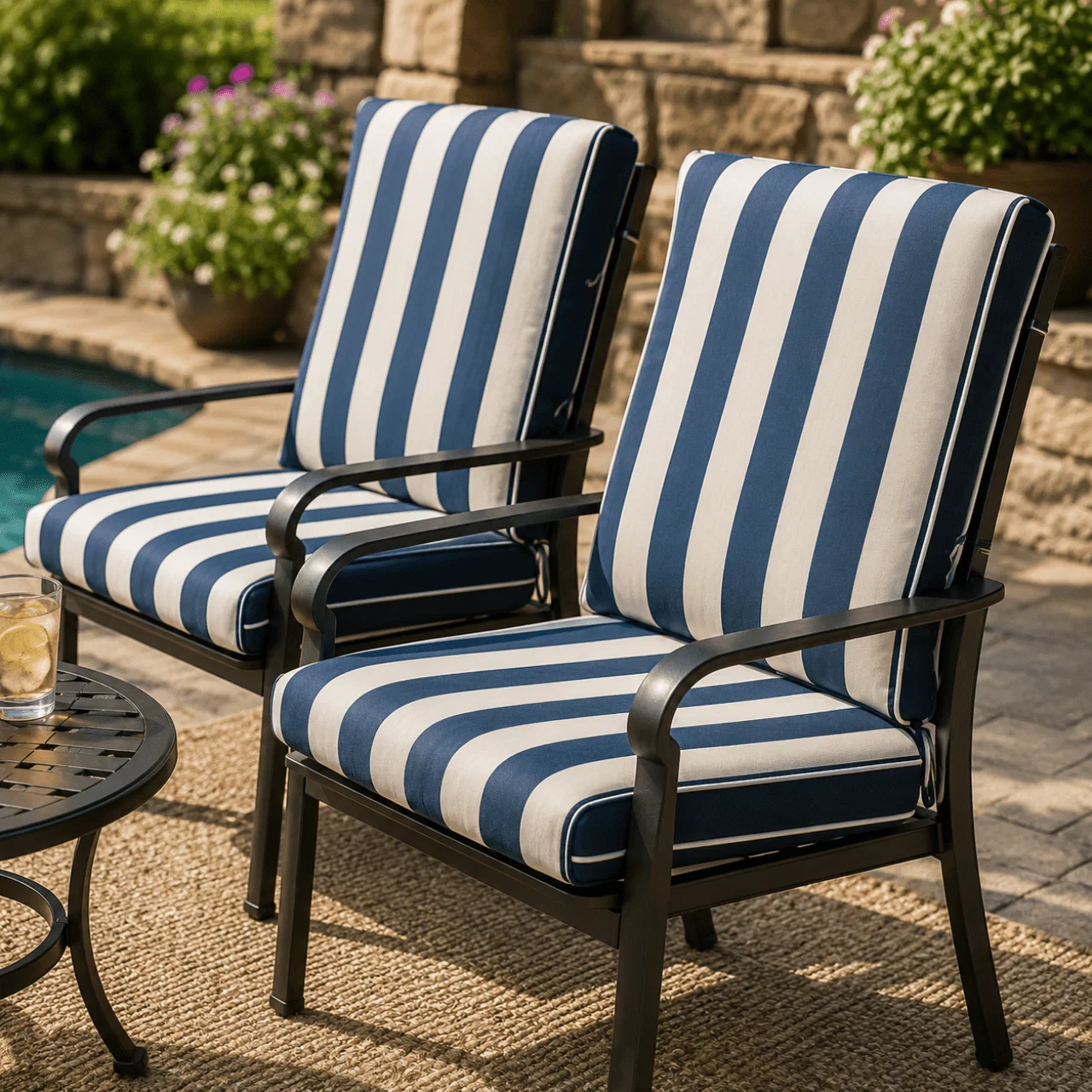 Fast Outdoor High-Back Chair Cushion – Blue Stripe Patio Seat Pad 17.5 x 42 1.5 in Certified