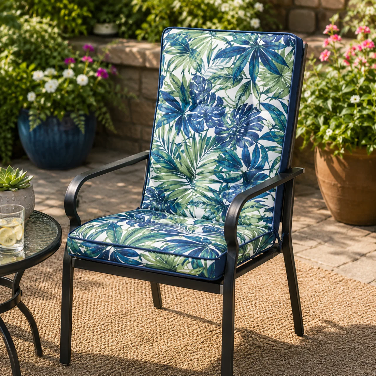 High-End Outdoor High-Back Chair Cushion – Belize Blue Tropical Print 42 x 17.5 in Comfortable