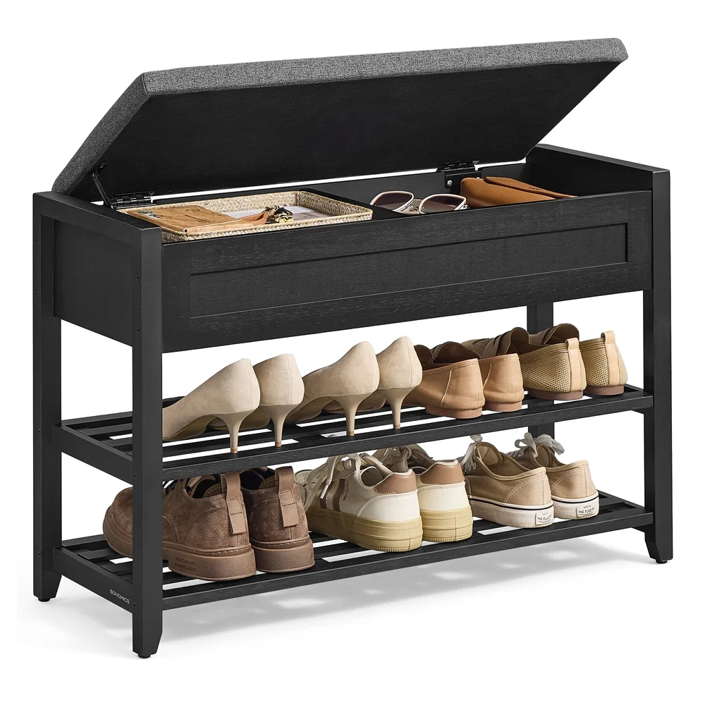 Detailed SONGMICS Bamboo Storage Bench Organic