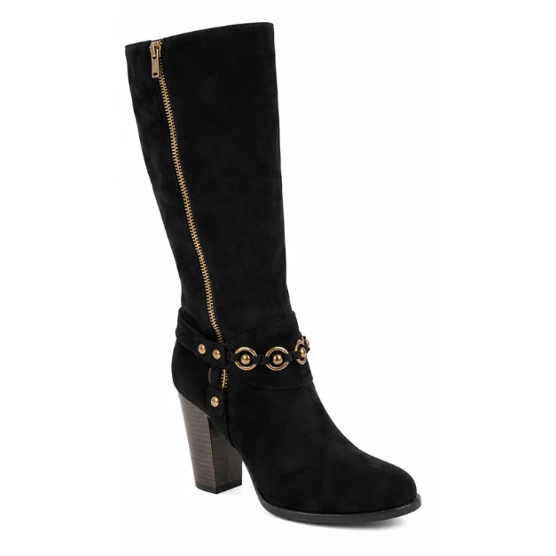 Convenient Women’s Faux Suede Tall Western Boots with Belt Strap Verified