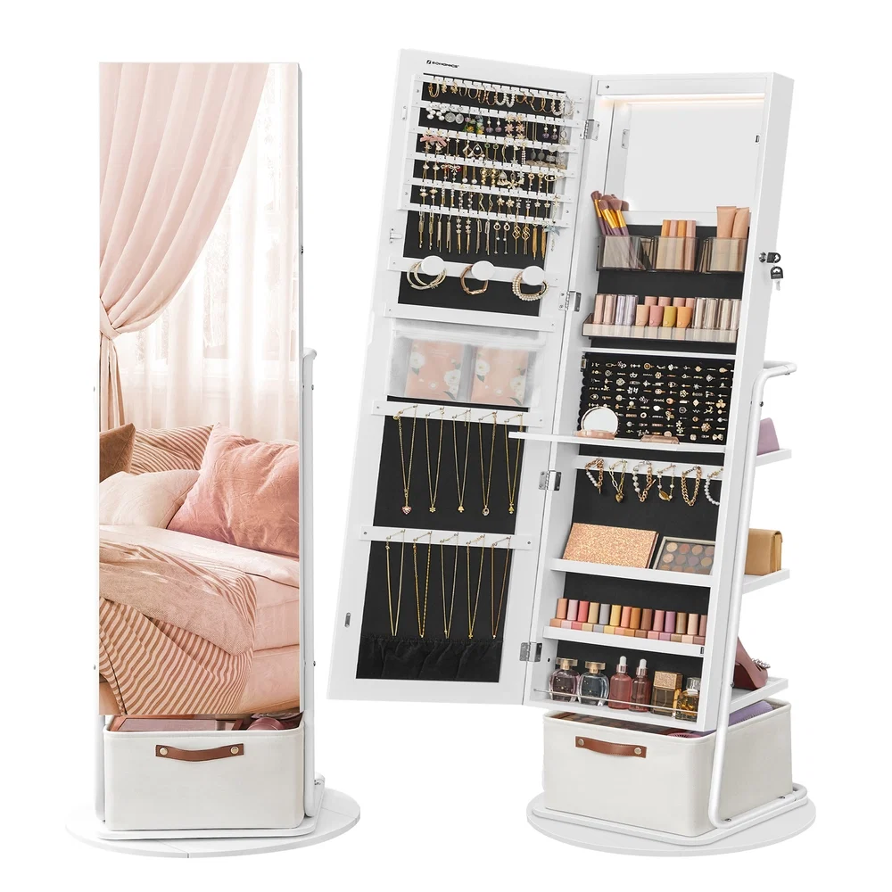 Recyclable SONGMICS 360° Swivel Mirrored Jewelry Cabinet with Lights Functional