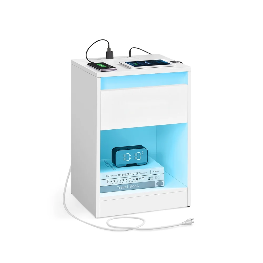 Fine VASAGLE Kailyn Collection – Modern Nightstand with Charging Station and LED Lights Smart