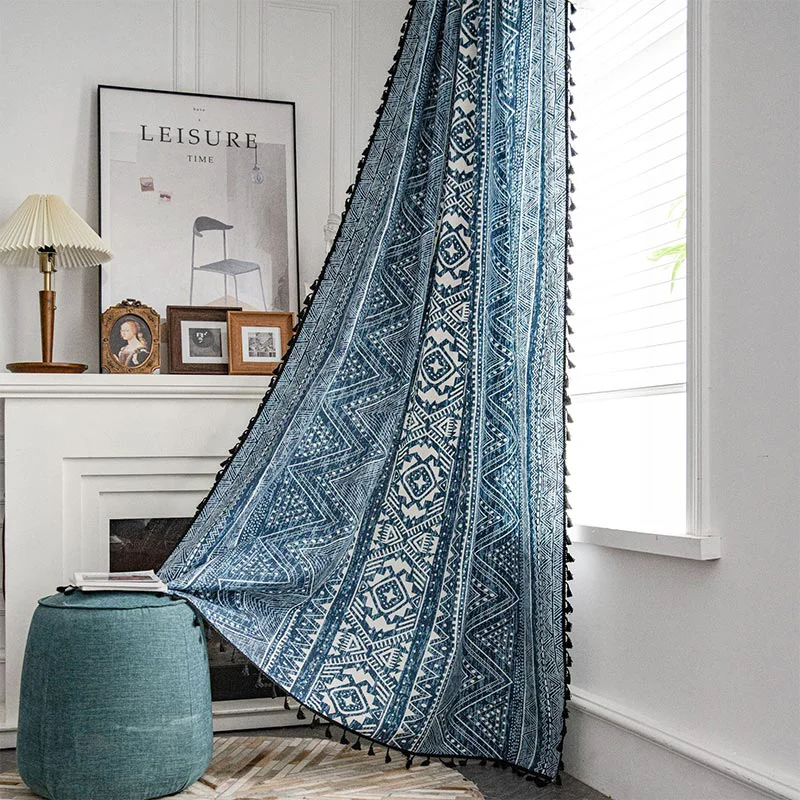 Convenient Ownkoti Blue Geometric Pattern Light Filtering Curtain Original