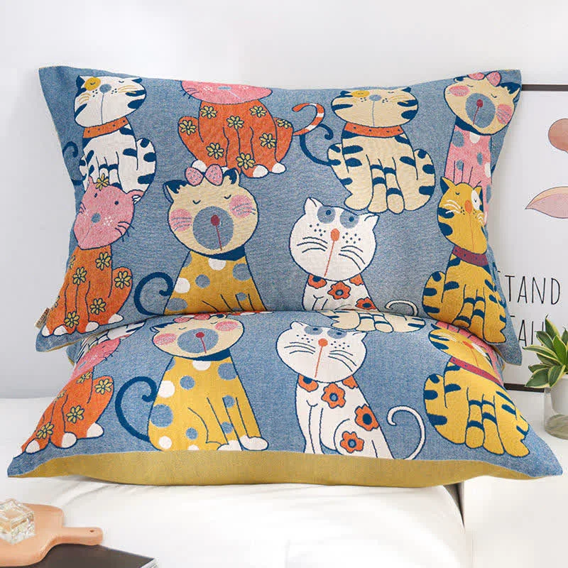Versatile Ownkoti Cute Cats Pure Cotton Button Pillowcases 2PCS Natural