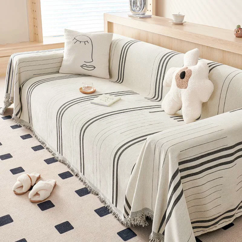 First-Class Ownkoti Straight Stripe Chenille Tassel Sofa Protector Long-Lasting