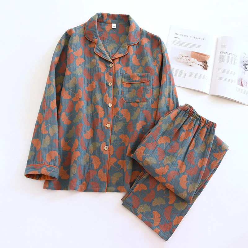 Environmentally Friendly Ownkoti Ginkgo Leaf Button Cotton Loungewear Set Organic